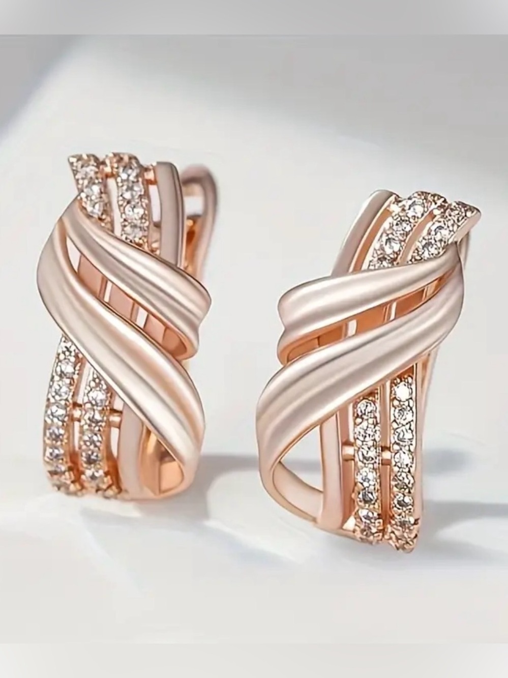 Exquisite Unique Geometric Rose Gold Crystal Hoop Earrings.